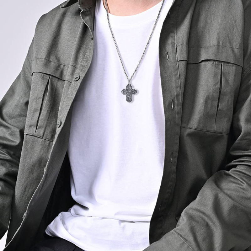 Collar con colgante de cruz y San Cristóbal en plata de ley-2