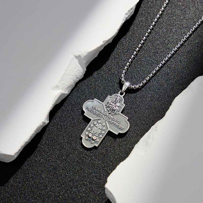 Collar con colgante de cruz y San Cristóbal en plata de ley-4