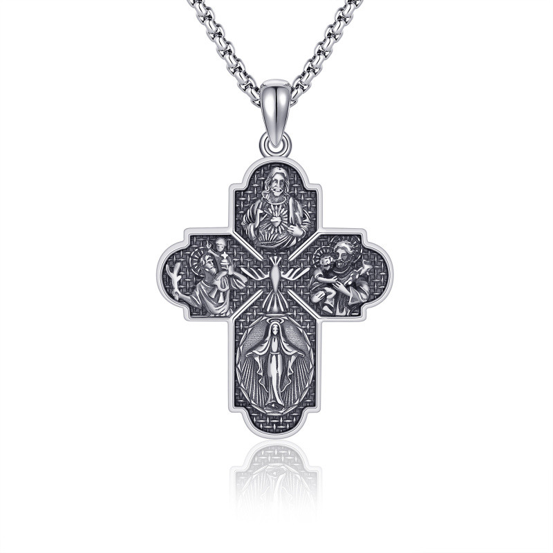 Collar con colgante de cruz y San Cristóbal en plata de ley-1
