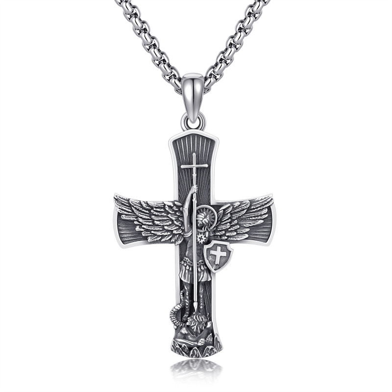 Sterling Silber Kreuz & Sankt Michael Anhänger Halskette für Männer-10