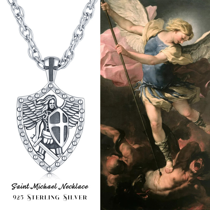 Collar con colgante de espada de San Miguel con cruz de plata de ley para hombre-6