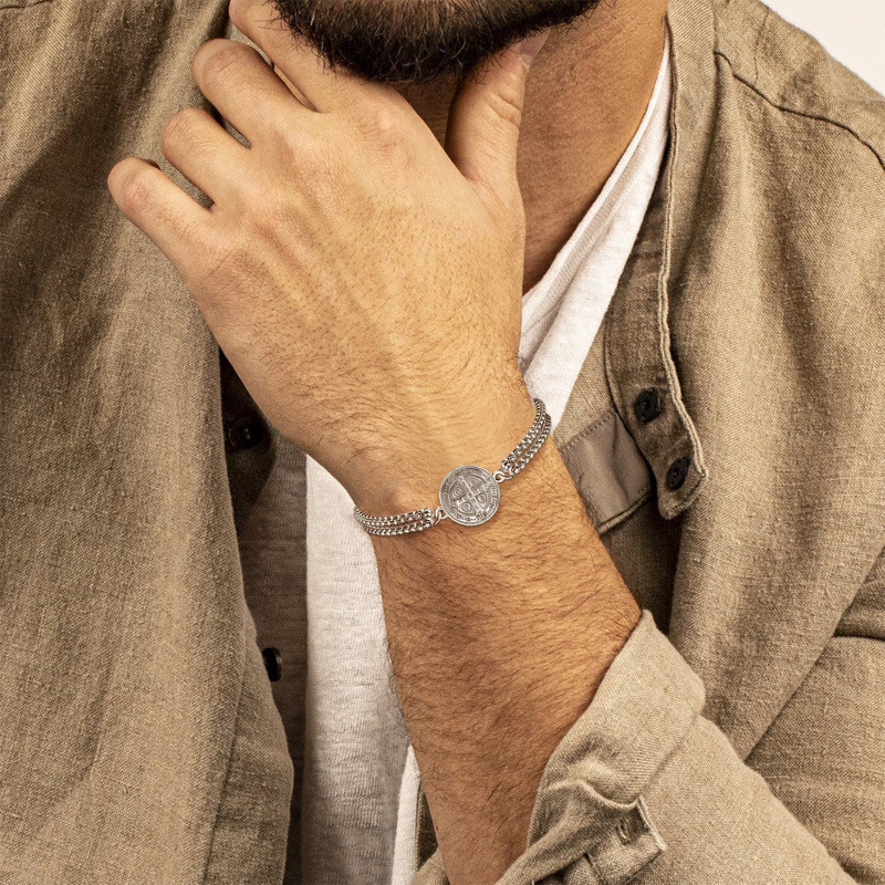 Bracelet en argent sterling avec pendentif croix et médaille de St Benoît pour hommes-2