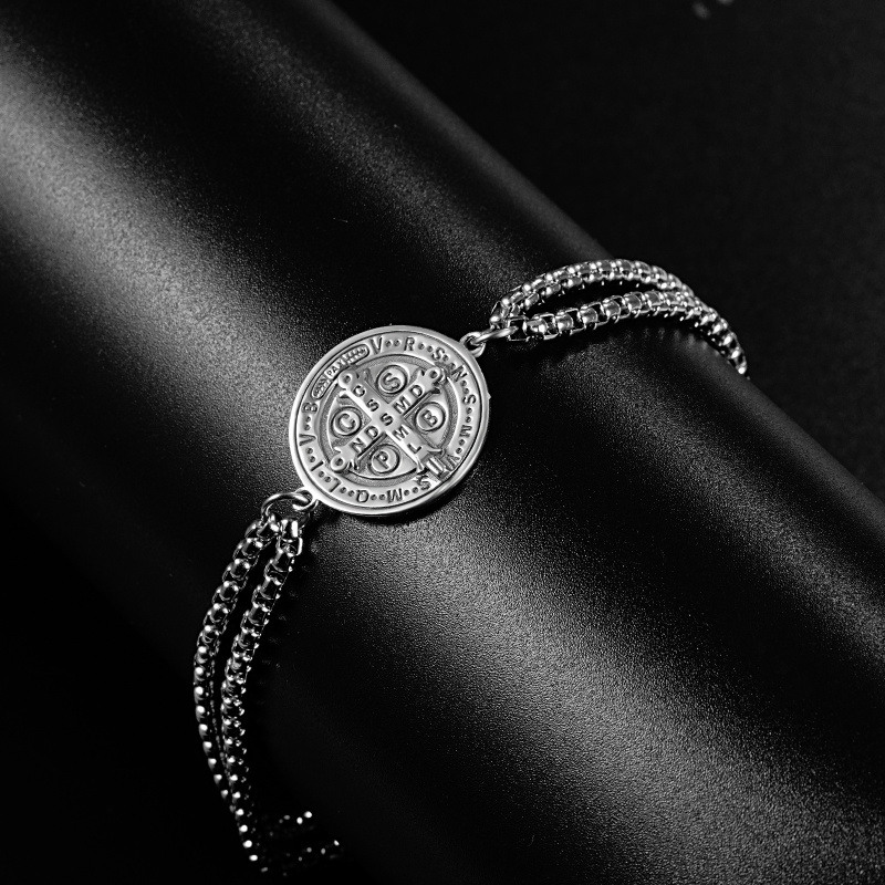 Bracelet en argent sterling avec pendentif croix et médaille de St Benoît pour hommes-4