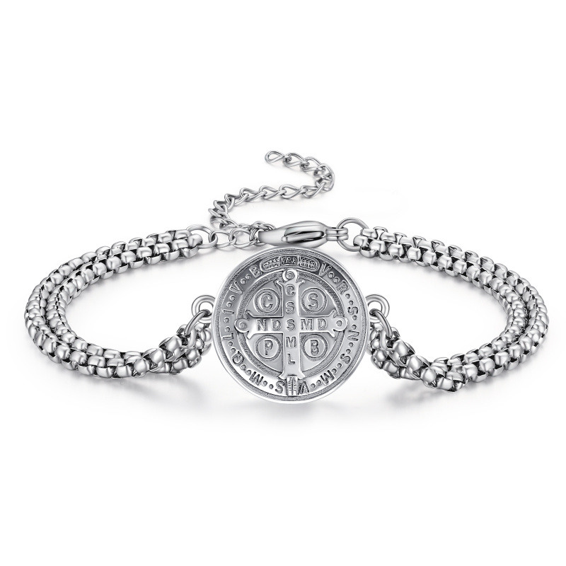 Pulsera de plata de ley con cruz y medalla de San Benito para hombre-20