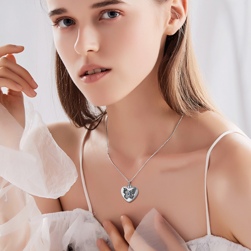 Collar de urna de corazón y girasol de mariposa de cristal de plata de ley para cenizas con palabra grabada-2