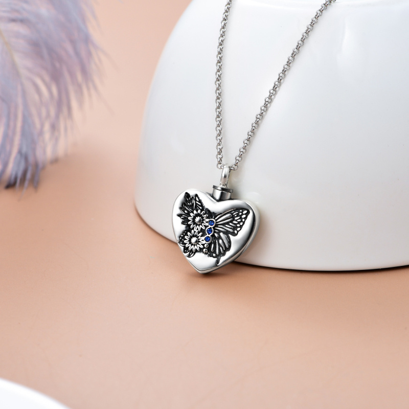 Collar de urna de corazón y girasol de mariposa de cristal de plata de ley para cenizas con palabra grabada-3