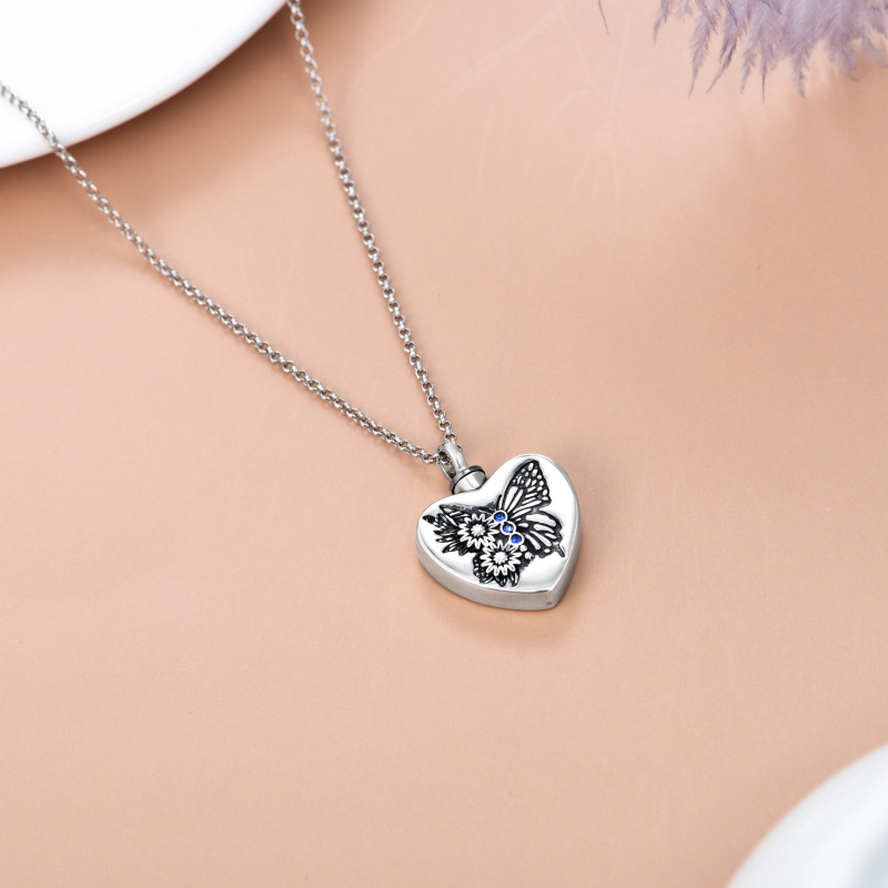 Collar de urna de corazón y girasol de mariposa de cristal de plata de ley para cenizas con palabra grabada-4