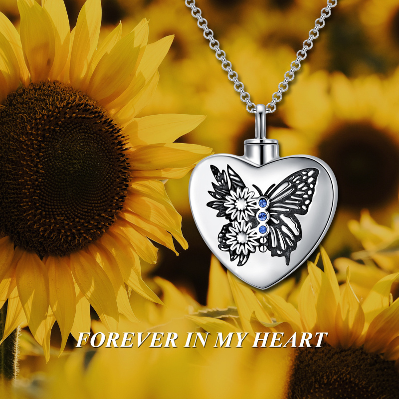 Collar de urna de corazón y girasol de mariposa de cristal de plata de ley para cenizas con palabra grabada-7