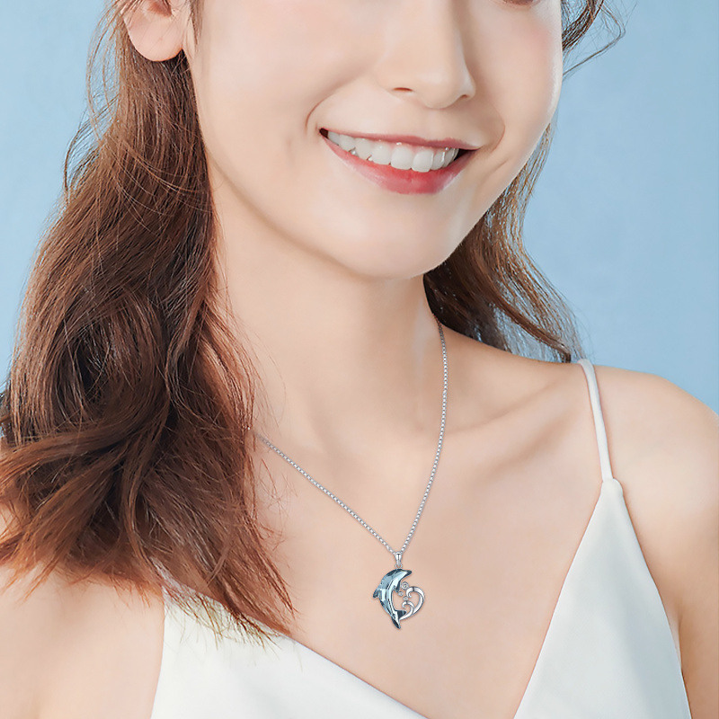 スターリングシルバークリスタルドルフィン＆ウェーブペンダントネックレス（女性用）-2