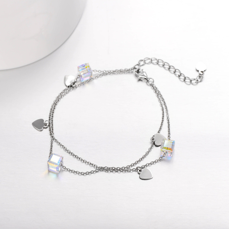 Tobillera de plata de ley Corazón de cristal y cuadrado de varias capas-3