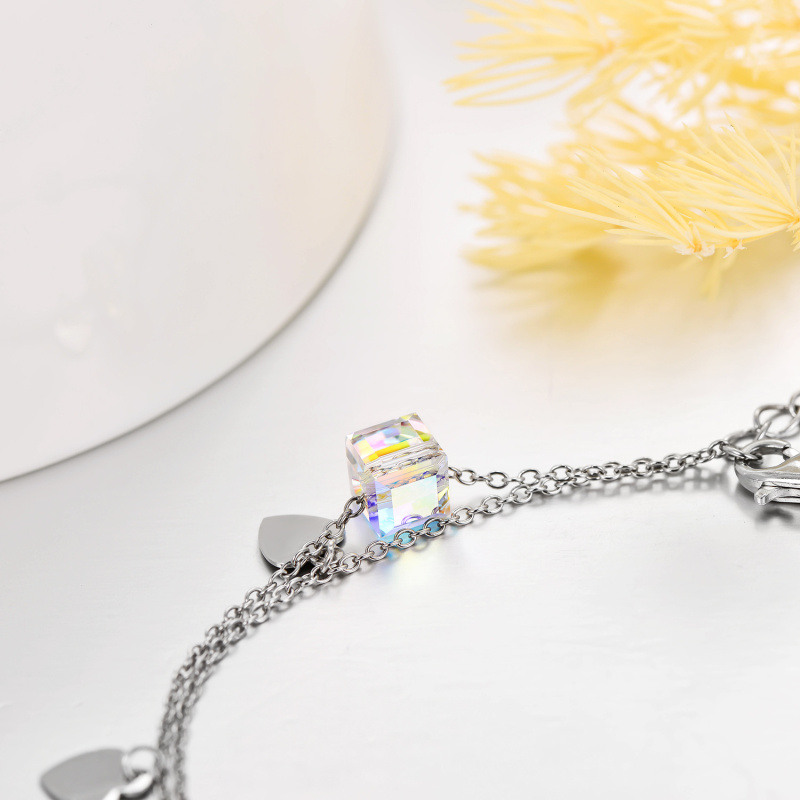 Tobillera de plata de ley Corazón de cristal y cuadrado de varias capas-4