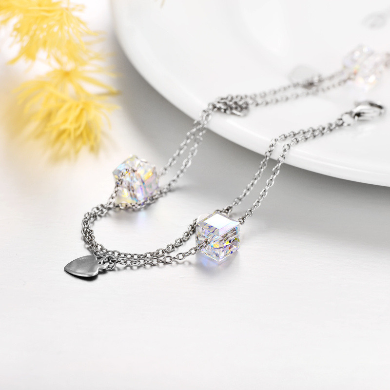 Tobillera de plata de ley Corazón de cristal y cuadrado de varias capas-5