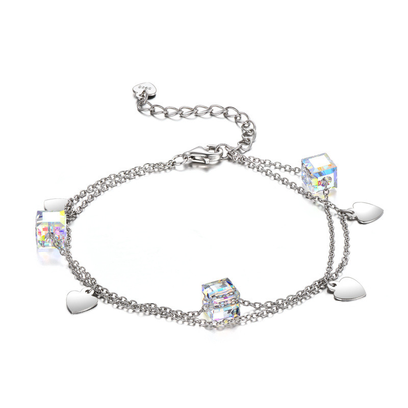 Tobillera de plata de ley Corazón de cristal y cuadrado de varias capas-1
