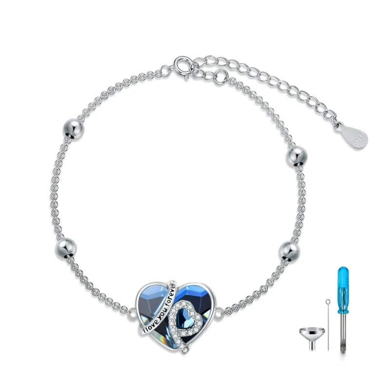 Sterling Silver Crystal Heart Urn Bracelet for Ashes with Engraved Word-11