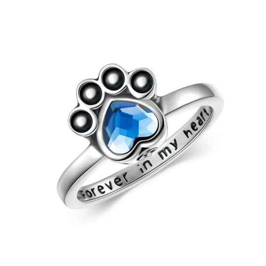 Anello in argento sterling con zampa di cristallo per ceneri con parola incisa