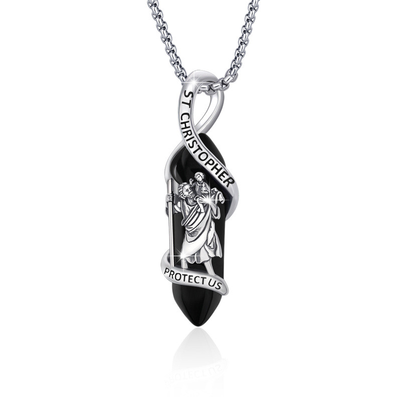 Collar de plata de ley con colgante de cristal de San Cristóbal y palabra grabada-16