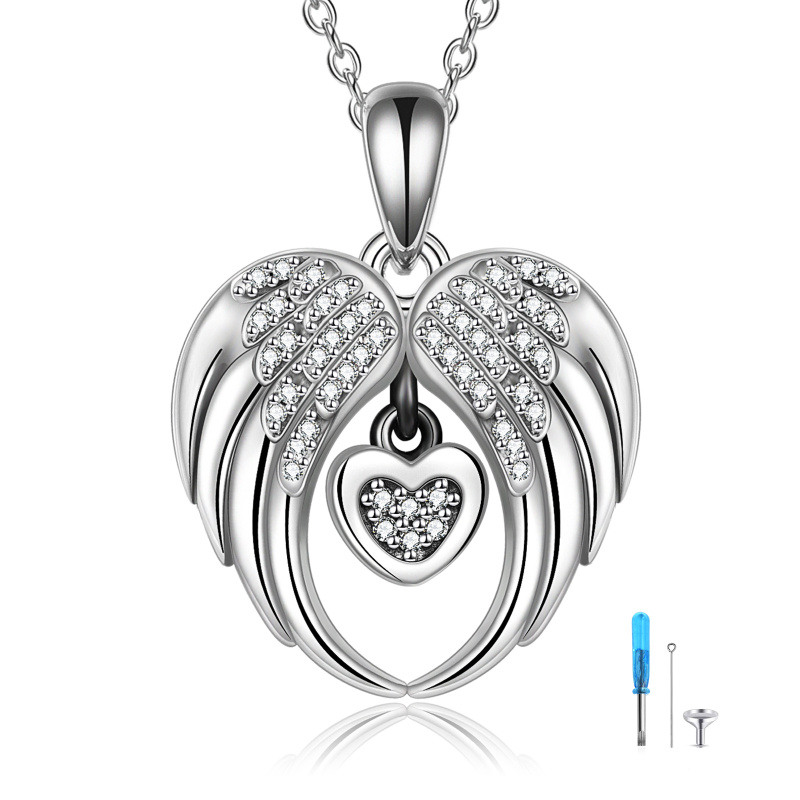 Collar de urna con forma de corazón y ala de ángel con circonita cúbica de plata de ley para cenizas-1