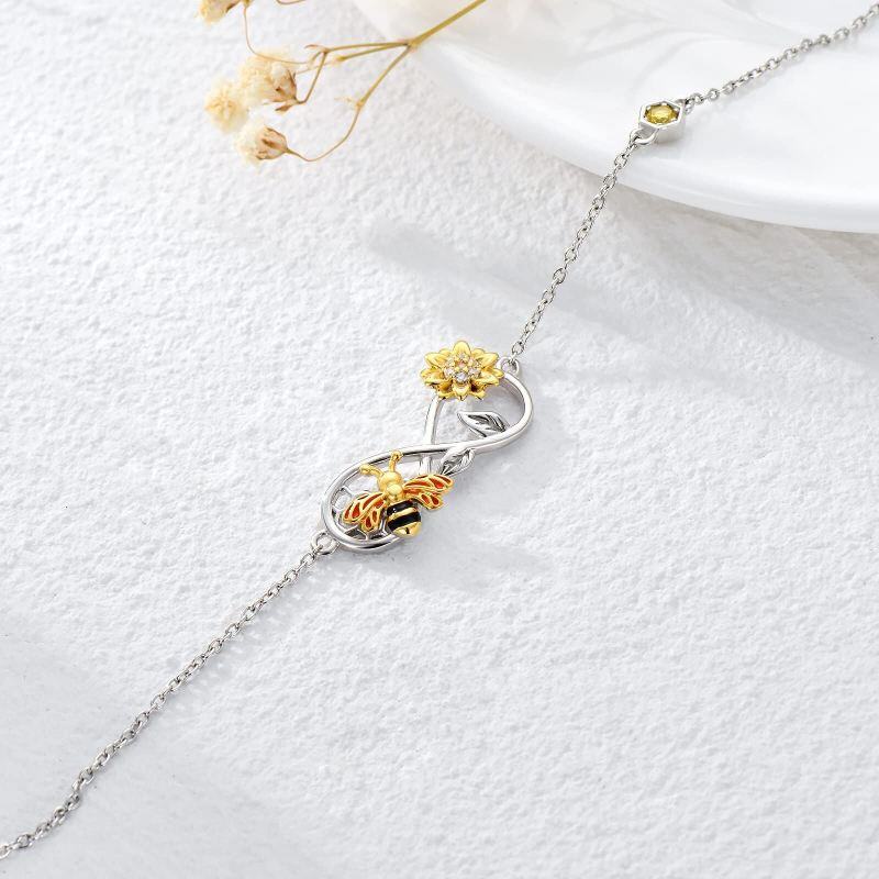Sterling Silver Cubic Zirconia Bee With Sunflower With Infinity Symbol Charm Bracelet For Women-3
