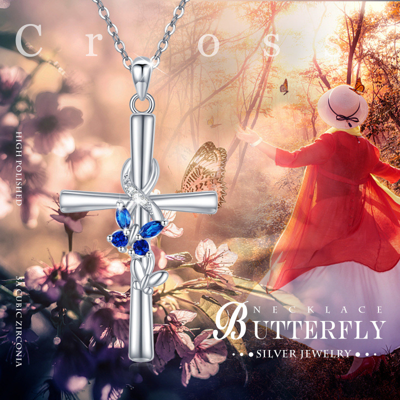 Collier en argent sterling avec pendentif papillon et croix en zircon cubique-5