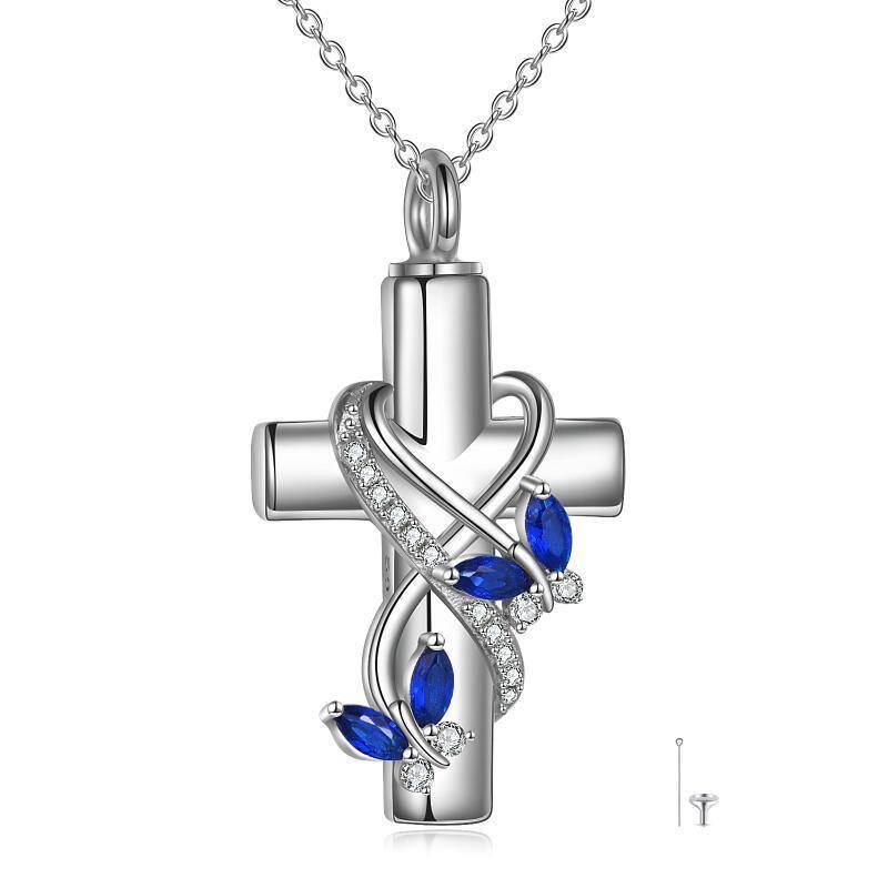 Collar de plata de ley con circonita, mariposa y urna en forma de cruz con palabra grabada-18