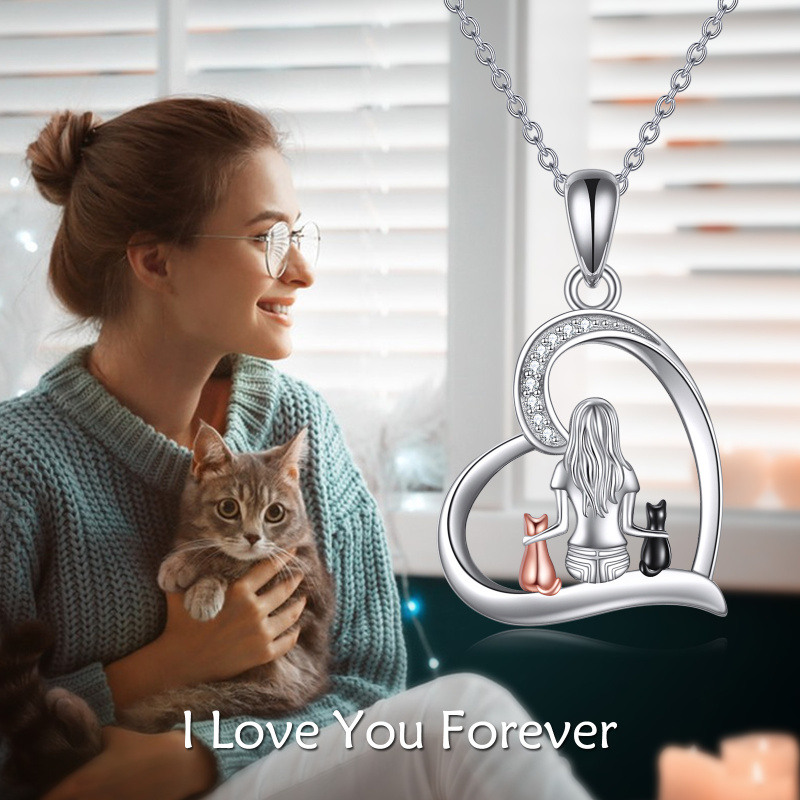 Sterling Silver Cubic Zirconia Cat & Girl Heart Pendant Necklace-6