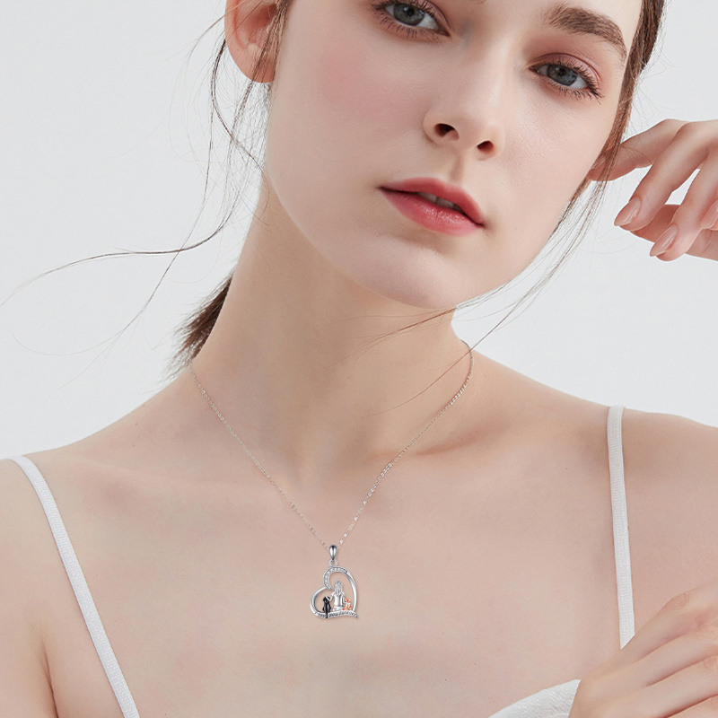 Collar con colgante de corazón de gato y circonita cúbica de plata de ley-2