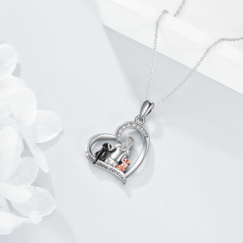 Collar con colgante de corazón de gato y circonita cúbica de plata de ley-3