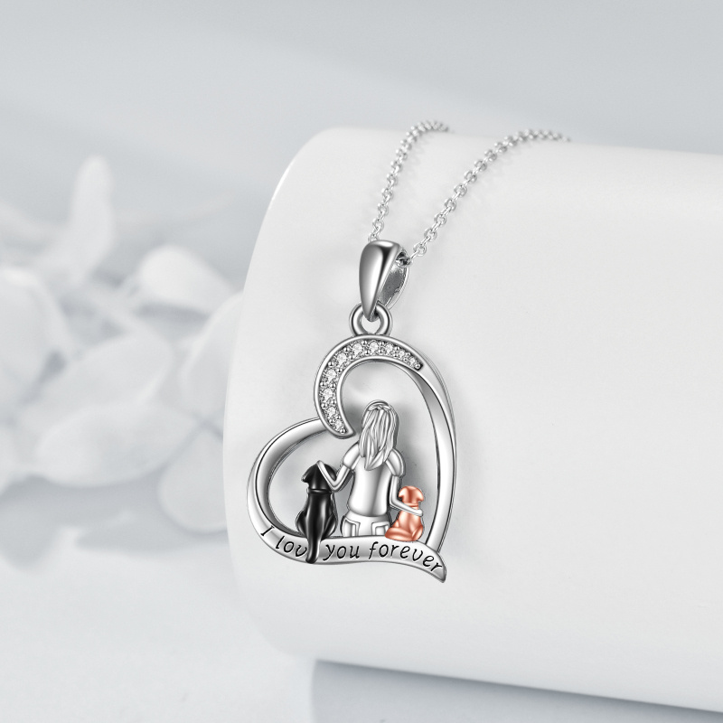 Collar con colgante de corazón de gato y circonita cúbica de plata de ley-4