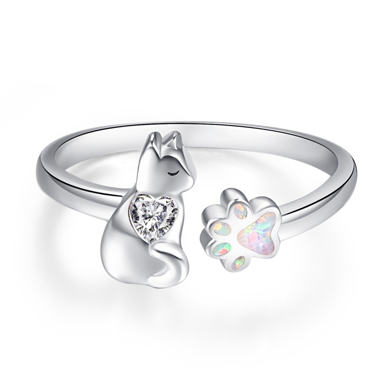 Sterling Silver Cubic Zirconia Cat & Paw Open Ring-15