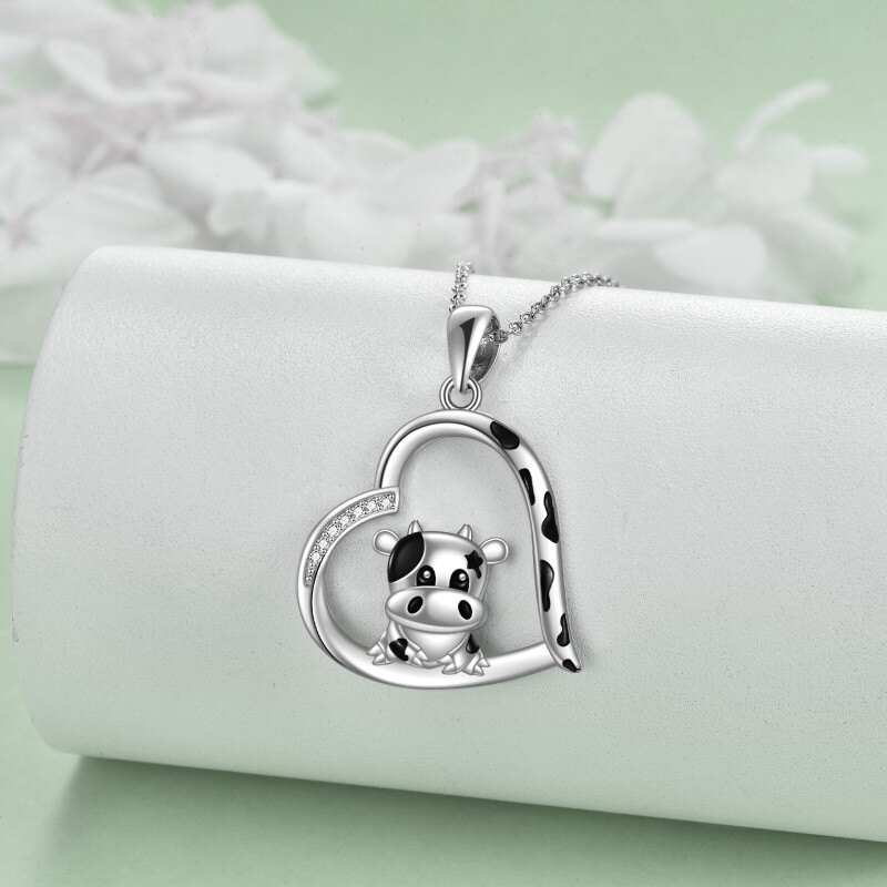 Sterling Silver Cubic Zirconia Cow & Heart Necklace for Women-3