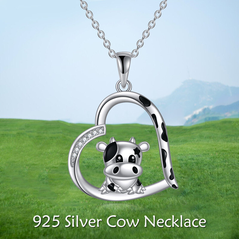 Sterling Silver Cubic Zirconia Cow & Heart Necklace for Women-6