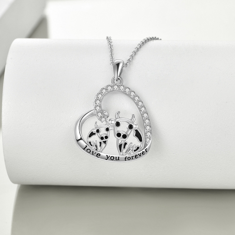 Sterling Silver Cubic Zirconia Cow & Heart Pendant Necklace for Women-3