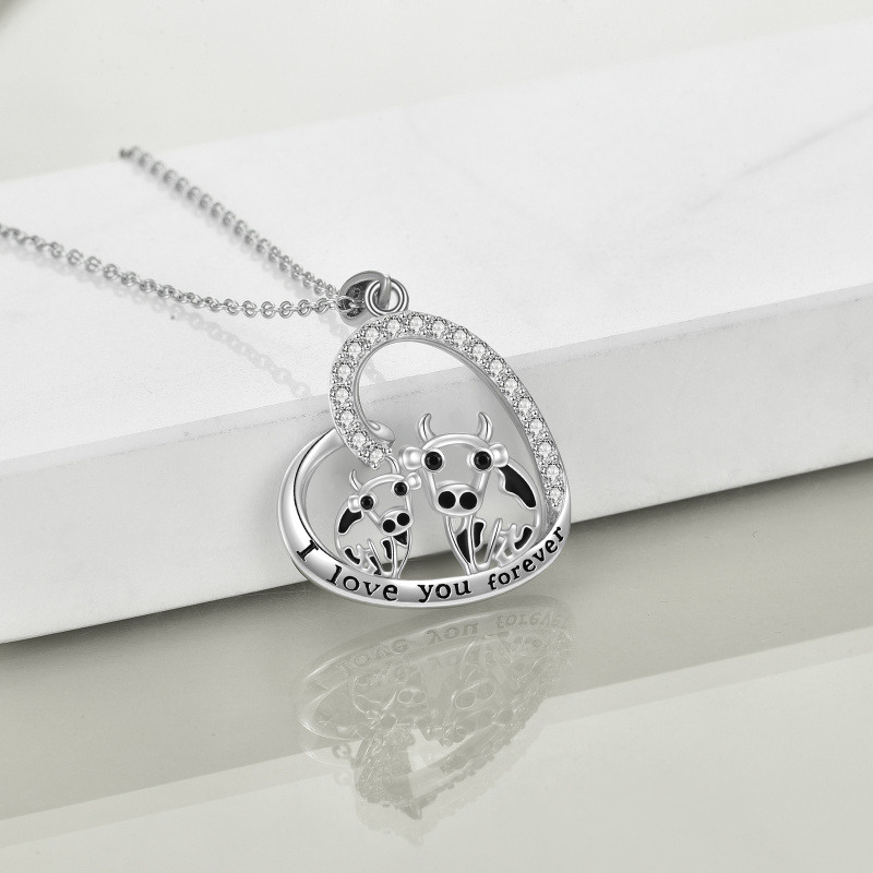Sterling Silver Cubic Zirconia Cow & Heart Pendant Necklace for Women-4