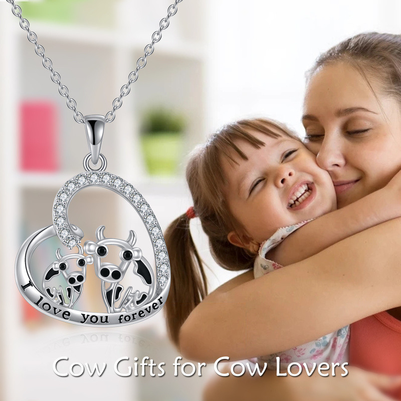 Sterling Silver Cubic Zirconia Cow & Heart Pendant Necklace for Women-6