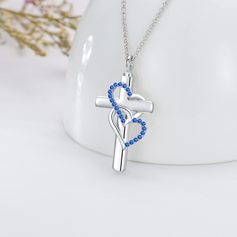 Collar de urna para cenizas de plata esterlina con cruz y corazón de circonita cúbica y corazón-2