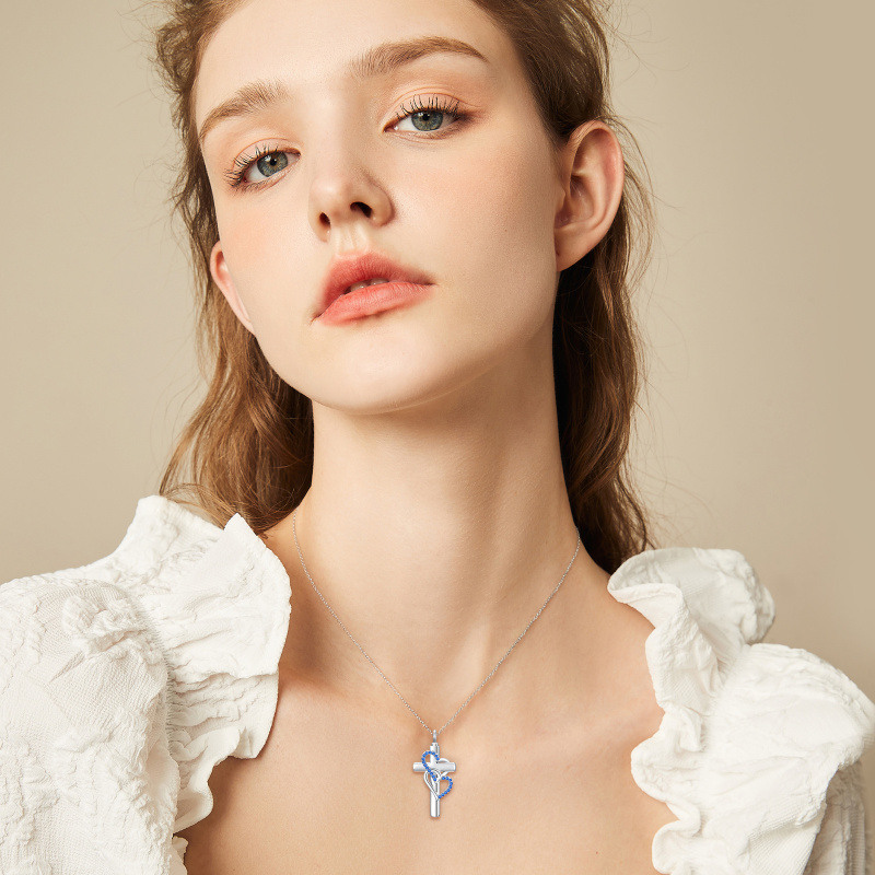 Collar de urna para cenizas de plata esterlina con cruz y corazón de circonita cúbica y corazón-3
