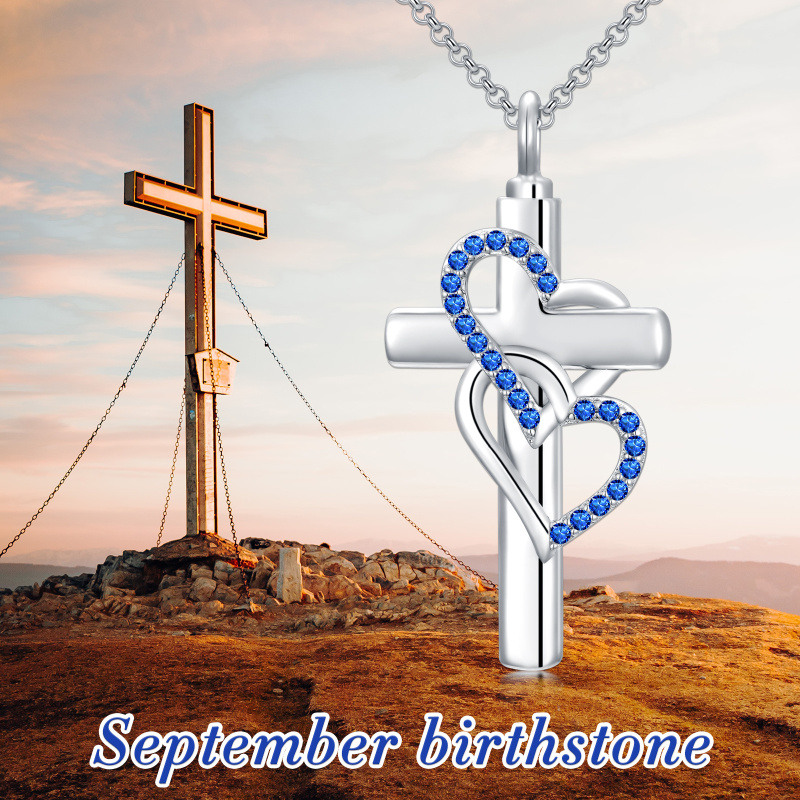 Collar de urna para cenizas de plata esterlina con cruz y corazón de circonita cúbica y corazón-5