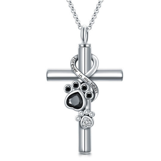 Sterling Silver Cubic Zirconia Cross With Infinity Symbol With Paw Urn Necklace For Ashes With Engraved Word For Women