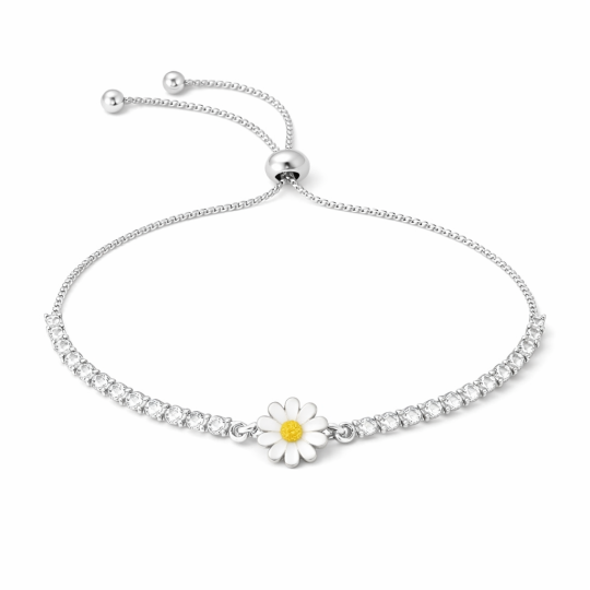Sterling Silver Cubic Zirconia Daisy Tennis Chain Adjustable Bolo Bracelet