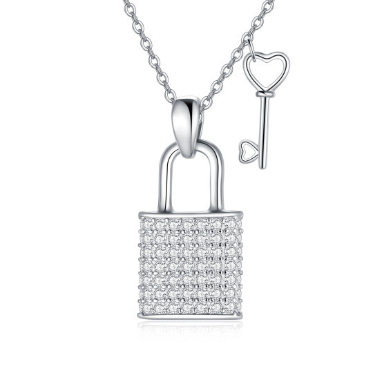Collar con colgante de llave y candado de corazón de circonita cúbica de plata de ley para mujer
