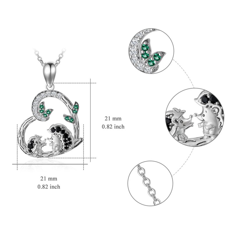 Collar con colgante de corazón de hojas de erizo con circonita cúbica en plata de ley-5