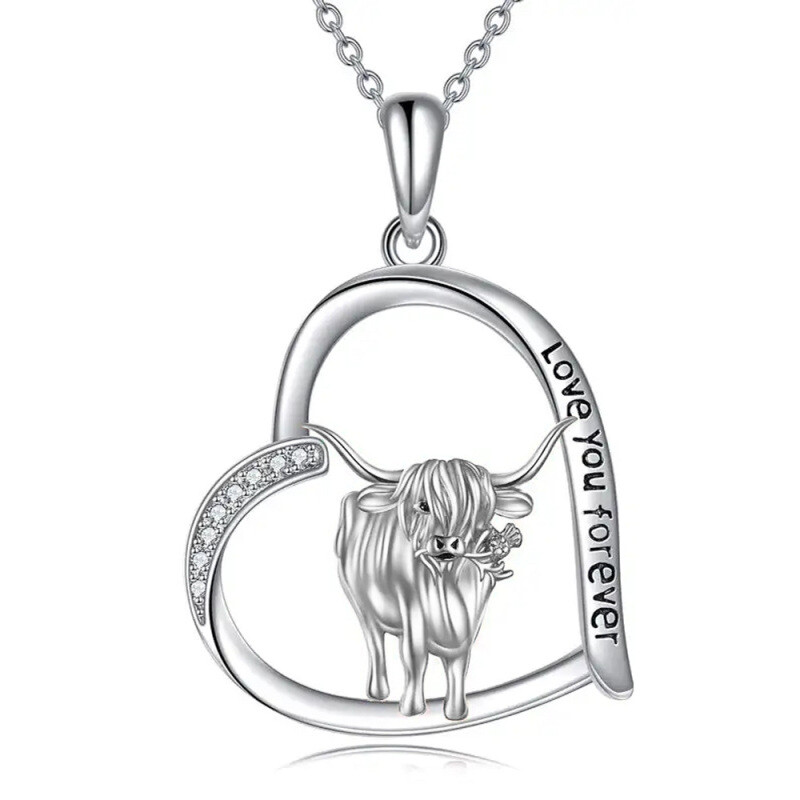 Sterling Silber Cubic Zirkonia Highland Kuh & Herz Anhänger Halskette eingraviert I Love You Forever-12