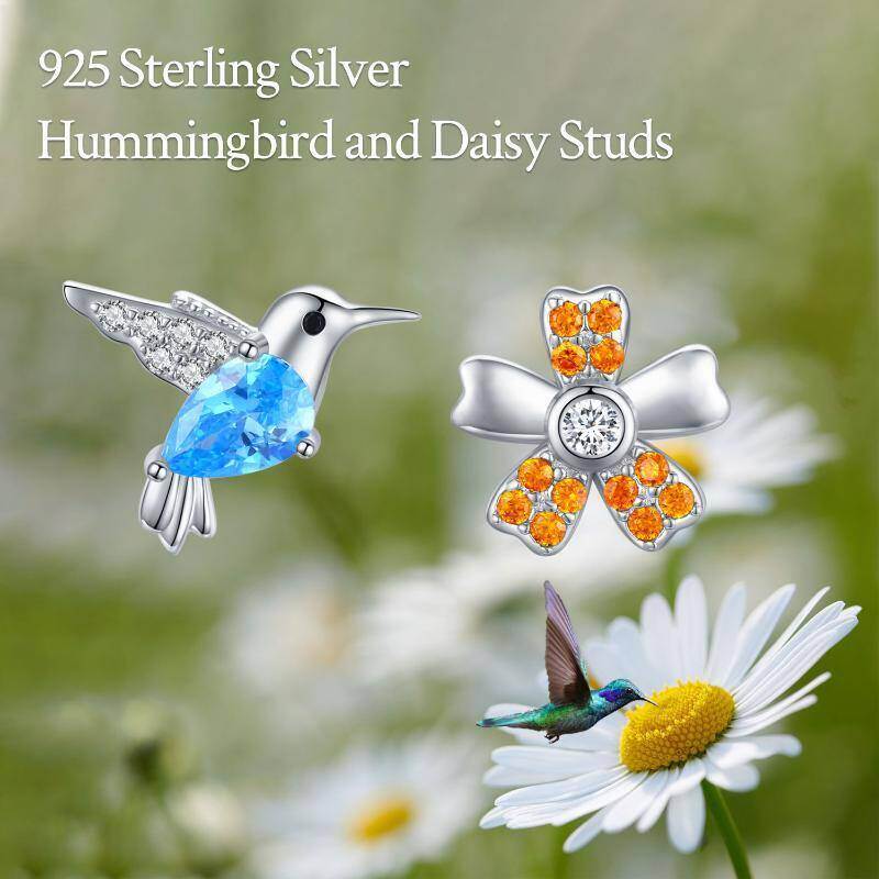 Pendientes de plata de ley con forma de colibrí y margaritas y circonitas cúbicas-5