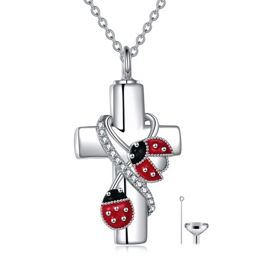 Collar de urna para cenizas con cruz de mariquita y circonita cúbica en plata de ley con palabra grabada