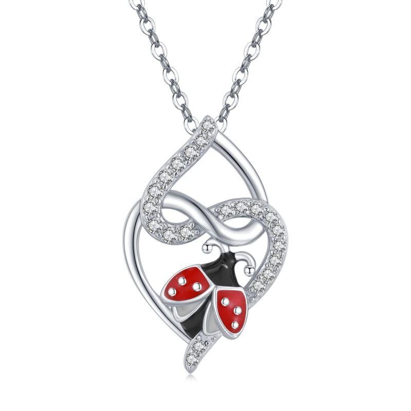Collar con colgante de corazón de mariquita y circonita cúbica de plata de ley para mujer-20