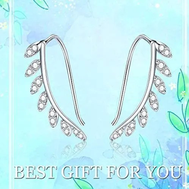 Pendientes trepadores de hojas con circonitas cúbicas en plata de ley-4