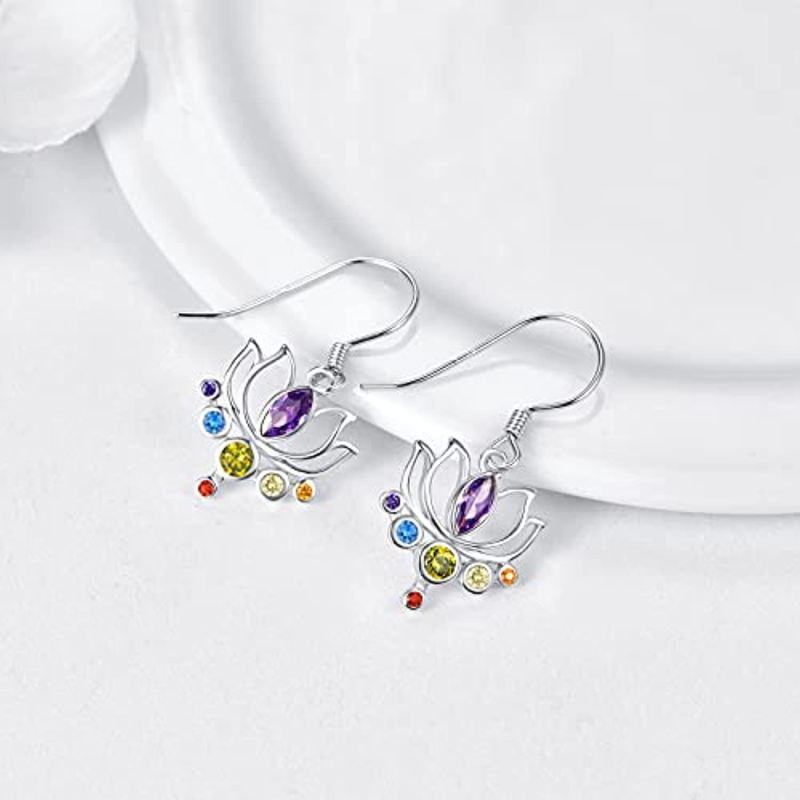 Pendientes colgantes de plata de ley con forma de loto y chakras y circonitas cúbicas-4