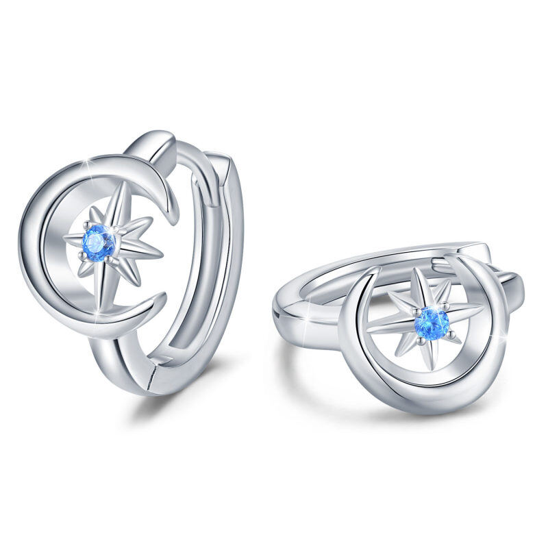 Pendientes de aro con forma de luna y estrella y circonita cúbica en plata de ley-1