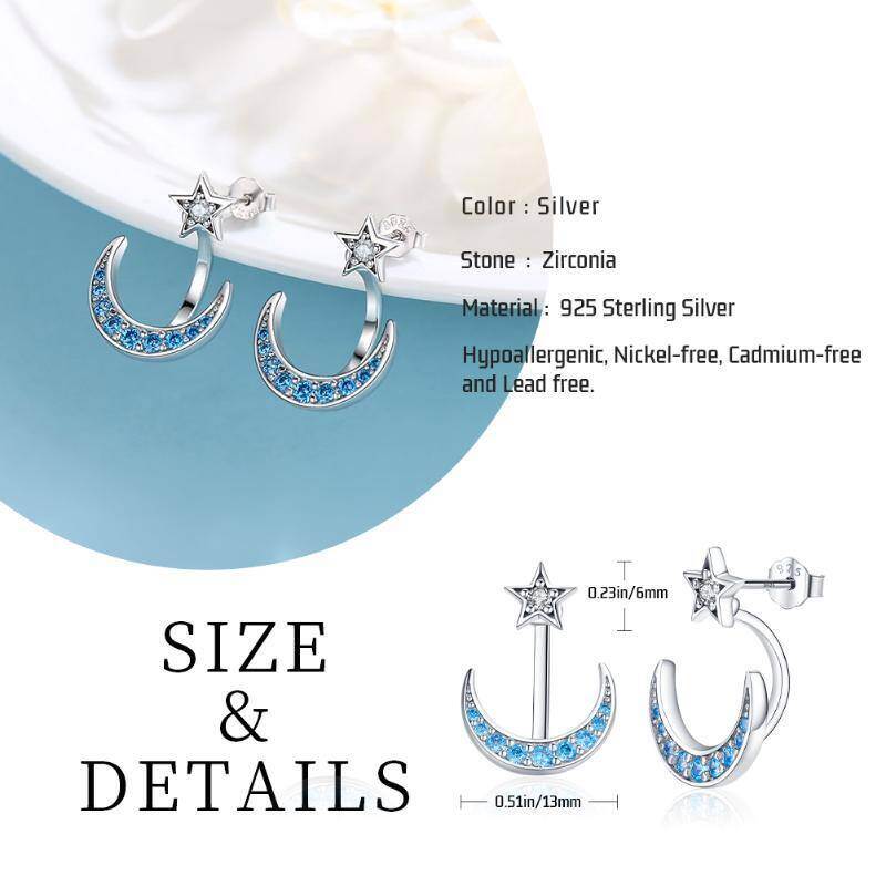 Pendientes de plata de ley con forma de luna y estrellas y circonitas cúbicas-6