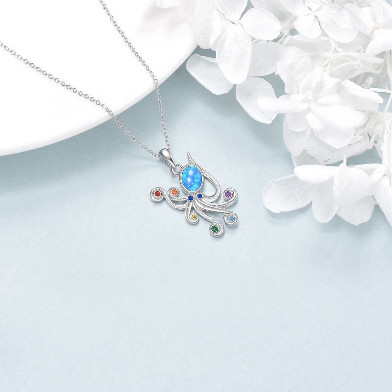 Sterling Silver Cubic Zirconia Octopus & Chakras Pendant Necklace-4